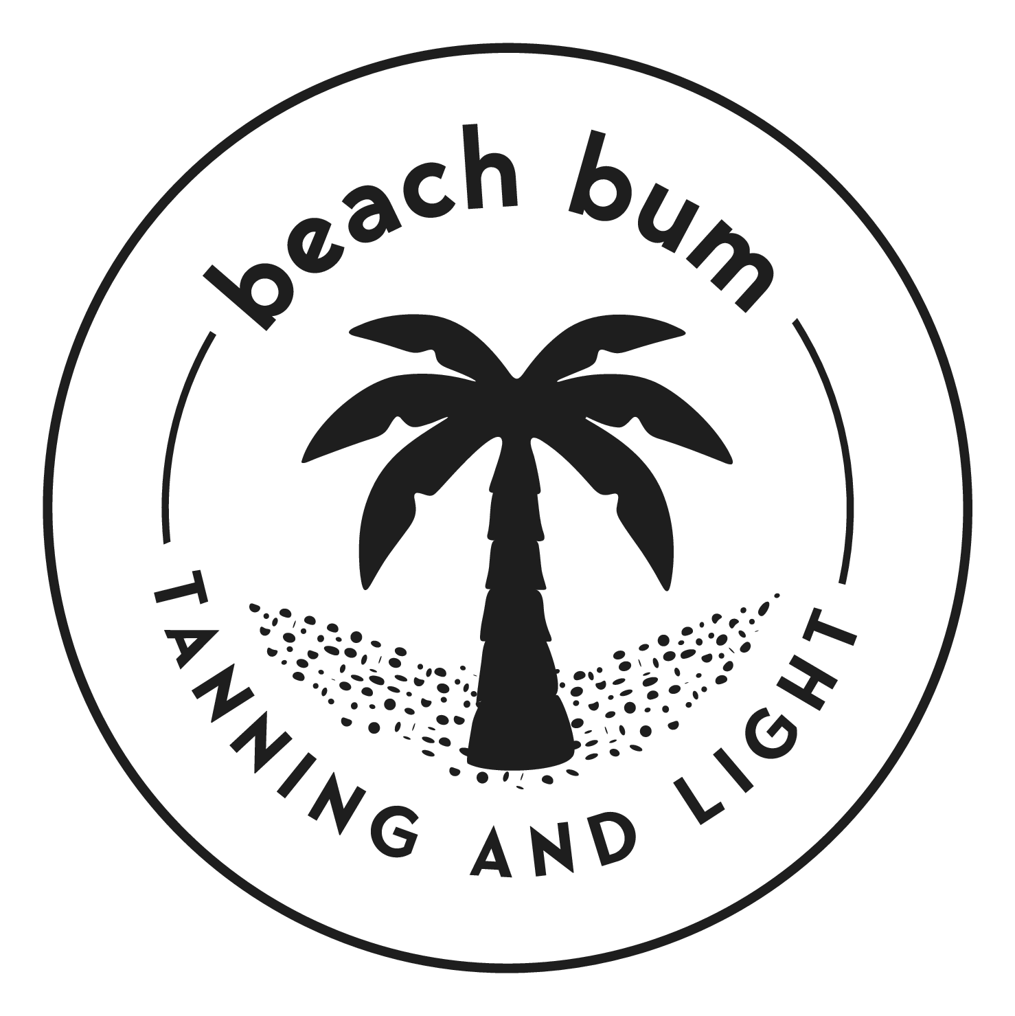 Beach Bum Tanning and Light text in a circle around a Black Palm Tree with black sand at the base.